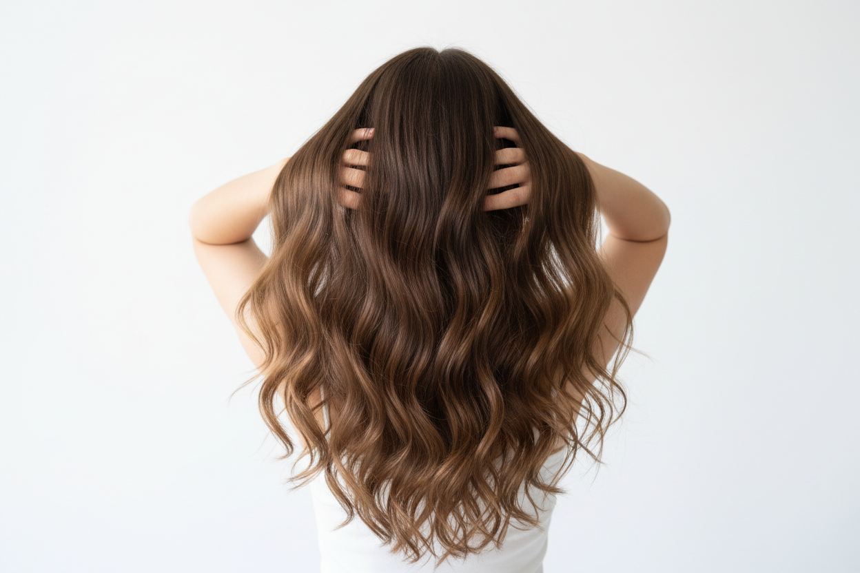 con fondo blanco y tocandose con las dos manos