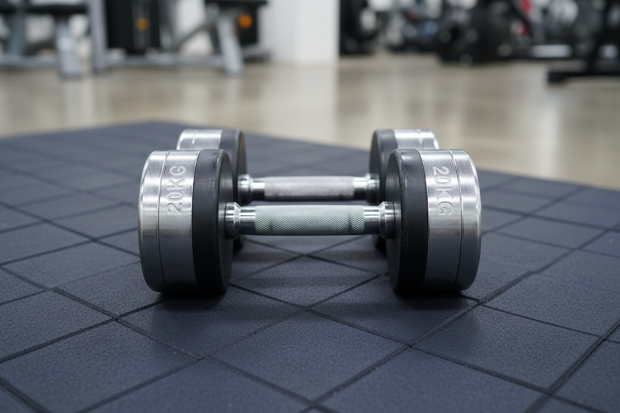 unas pesas en una alfombra de gimnasio